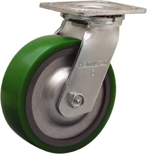 Hamilton - 6" Diam x 2" Wide x 7-1/2" OAH Top Plate Mount Swivel Caster - Polyurethane Mold onto Cast Iron Center, 900 Lb Capacity, Sealed Precision Ball Bearing, 4 x 4-1/2" Plate - Makers Industrial Supply