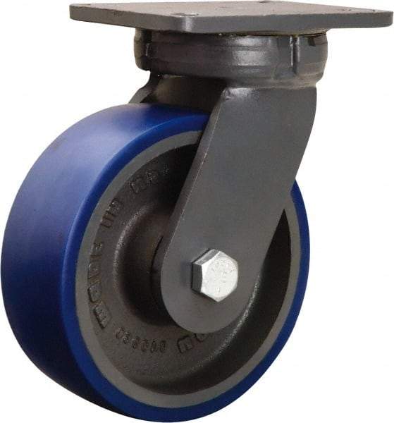 Hamilton - 8" Diam x 3" Wide x 10-1/2" OAH Top Plate Mount Swivel Caster - Polyurethane Mold onto Cast Iron Center, 2,000 Lb Capacity, Precision Tapered Roller Bearing, 5-1/4 x 7-1/4" Plate - Makers Industrial Supply