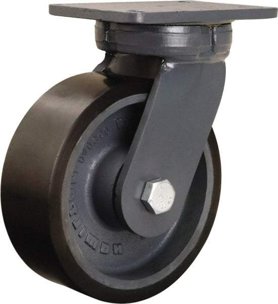 Hamilton - 8" Diam x 3" Wide x 10-1/2" OAH Top Plate Mount Swivel Caster - Polyurethane Mold onto Cast Iron Center, 3,250 Lb Capacity, Tapered Roller Bearing, 5-1/4 x 7-1/4" Plate - Makers Industrial Supply