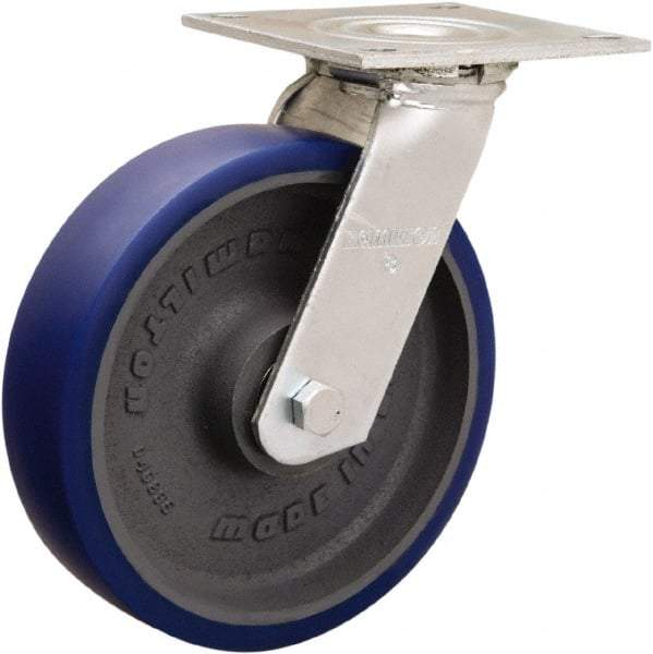 Hamilton - 8" Diam x 2" Wide x 9-1/2" OAH Top Plate Mount Swivel Caster - Polyurethane Mold onto Cast Iron Center, 900 Lb Capacity, Sealed Precision Ball Bearing, 5 x 5-1/2" Plate - Makers Industrial Supply