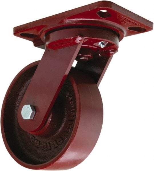 Hamilton - 6" Diam x 2" Wide x 7-3/4" OAH Top Plate Mount Swivel Caster - Cast Iron, 1,400 Lb Capacity, Sealed Precision Ball Bearing, 4-1/2 x 6-1/2" Plate - Makers Industrial Supply