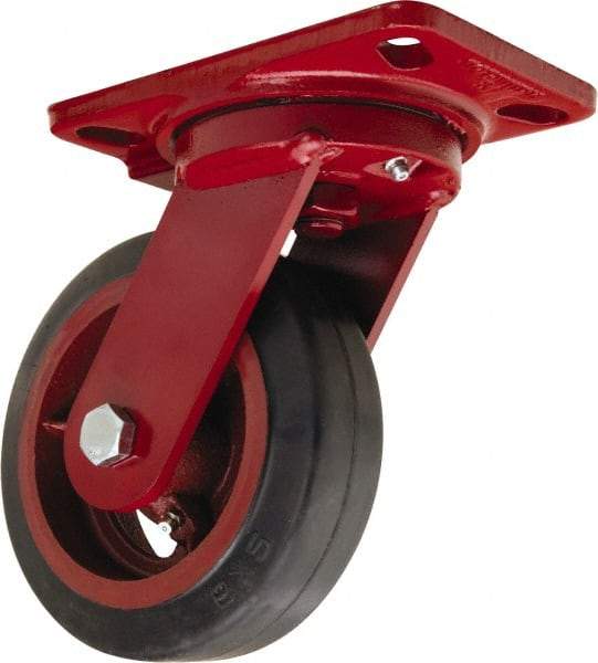 Hamilton - 6" Diam x 2" Wide x 7-3/4" OAH Top Plate Mount Swivel Caster - Rubber Mold on Cast Iron, 410 Lb Capacity, Straight Roller Bearing, 4-1/2 x 6-1/2" Plate - Makers Industrial Supply