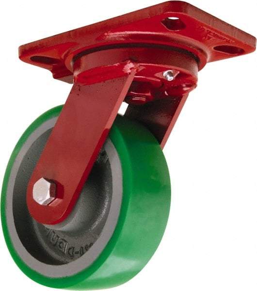 Hamilton - 6" Diam x 2" Wide x 7-3/4" OAH Top Plate Mount Swivel Caster - Polyurethane Mold onto Cast Iron Center, 1,200 Lb Capacity, Tapered Roller Bearing, 4-1/2 x 6-1/2" Plate - Makers Industrial Supply