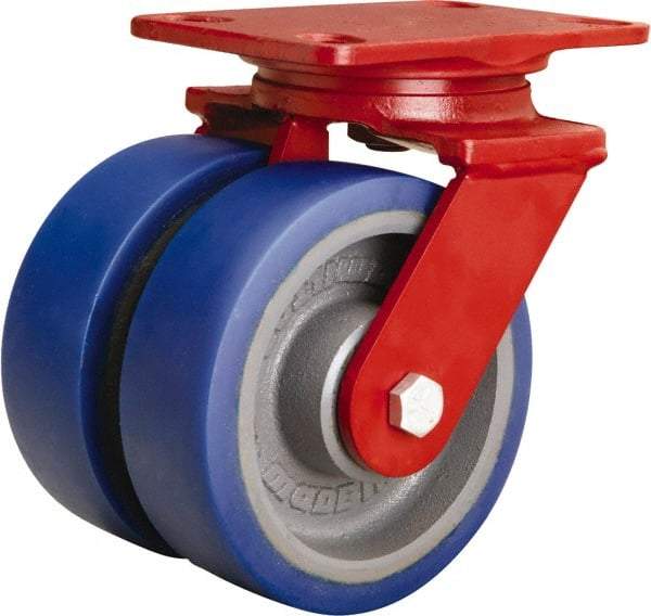 Hamilton - 6" Diam x 2" Wide x 7-3/4" OAH Top Plate Mount Swivel Caster - Polyurethane Mold onto Cast Iron Center, 1,920 Lb Capacity, Sealed Precision Ball Bearing, 4-1/2 x 6-1/2" Plate - Makers Industrial Supply