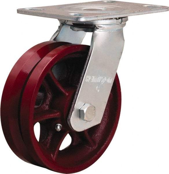 Hamilton - 6" Diam x 2" Wide, Iron Swivel Caster - 900 Lb Capacity, Top Plate Mount, 4-1/2" x 6-1/2" Plate, Straight Roller Bearing - Makers Industrial Supply