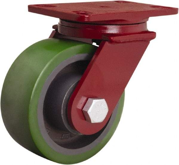 Hamilton - 6" Diam x 2-1/2" Wide x 7-1/2" OAH Top Plate Mount Swivel Caster - Polyurethane Mold onto Cast Iron Center, 1,600 Lb Capacity, Tapered Roller Bearing, 4-1/2 x 6-1/2" Plate - Makers Industrial Supply