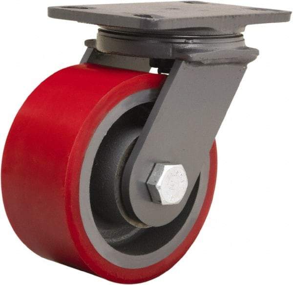 Hamilton - 6" Diam x 3" Wide x 7-3/4" OAH Top Plate Mount Swivel Caster - Polyurethane Mold onto Cast Iron Center, 2,400 Lb Capacity, Tapered Roller Bearing, 4-1/2 x 6-1/2" Plate - Makers Industrial Supply