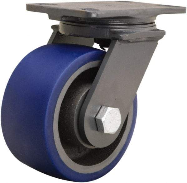 Hamilton - 6" Diam x 3" Wide x 7-3/4" OAH Top Plate Mount Swivel Caster - Polyurethane Mold onto Cast Iron Center, 1,800 Lb Capacity, Sealed Precision Ball Bearing, 4-1/2 x 6-1/2" Plate - Makers Industrial Supply