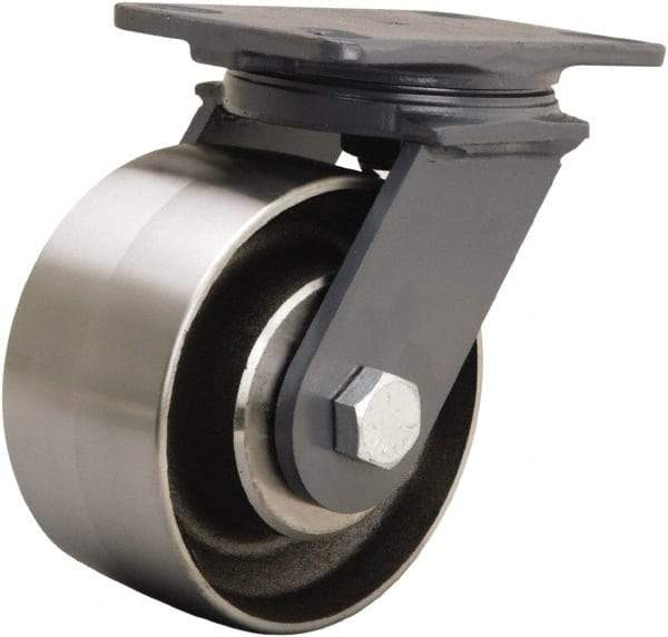 Hamilton - 6" Diam x 3" Wide x 7-3/4" OAH Top Plate Mount Swivel Caster - Forged Steel, 2,400 Lb Capacity, Sealed Precision Ball Bearing, 4-1/2 x 6-1/2" Plate - Makers Industrial Supply