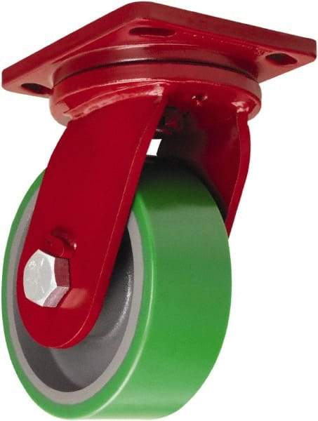 Hamilton - 8" Diam x 3" Wide x 10-1/2" OAH Top Plate Mount Swivel Caster - Polyurethane Mold onto Cast Iron Center, 2,500 Lb Capacity, Sealed Precision Ball Bearing, 6-1/2 x 7-1/2" Plate - Makers Industrial Supply