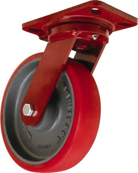 Hamilton - 8" Diam x 2" Wide x 9-3/4" OAH Top Plate Mount Swivel Caster - Polyurethane Mold onto Cast Iron Center, 1,800 Lb Capacity, Tapered Roller Bearing, 4-1/2 x 6-1/2" Plate - Makers Industrial Supply