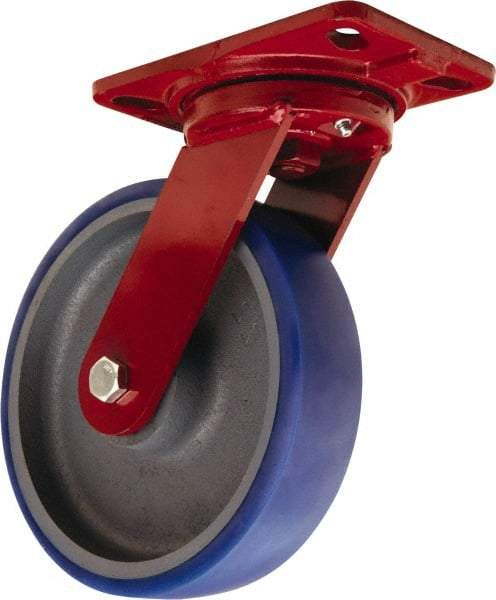 Hamilton - 8" Diam x 2" Wide x 9-3/4" OAH Top Plate Mount Swivel Caster - Polyurethane Mold onto Cast Iron Center, 1,200 Lb Capacity, Sealed Precision Ball Bearing, 4-1/2 x 6-1/2" Plate - Makers Industrial Supply