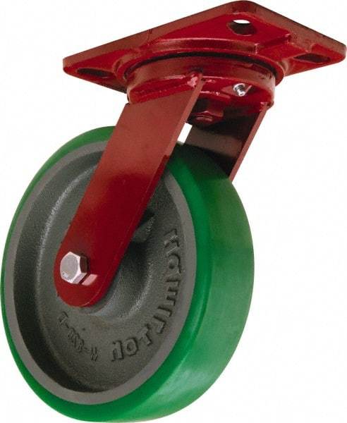 Hamilton - 8" Diam x 2" Wide x 9-3/4" OAH Top Plate Mount Swivel Caster - Polyurethane Mold onto Cast Iron Center, 1,500 Lb Capacity, Sealed Precision Ball Bearing, 4-1/2 x 6-1/2" Plate - Makers Industrial Supply