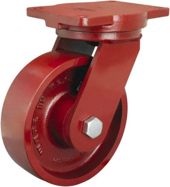 Hamilton - 8" Diam x 2-1/2" Wide x 10-1/2" OAH Top Plate Mount Swivel Caster - Cast Iron, 2,500 Lb Capacity, Straight Roller Bearing, 6-1/8 x 7-1/2" Plate - Makers Industrial Supply