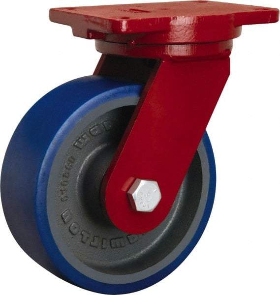 Hamilton - 8" Diam x 3" Wide x 10-1/2" OAH Top Plate Mount Swivel Caster - Polyurethane Mold onto Cast Iron Center, 2,000 Lb Capacity, Sealed Precision Ball Bearing, 6-1/8 x 7-1/2" Plate - Makers Industrial Supply