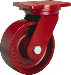 Hamilton - 8" Diam x 3" Wide x 10-1/2" OAH Top Plate Mount Swivel Caster - Cast Iron, 2,600 Lb Capacity, Tapered Roller Bearing, 6-1/8 x 7-1/2" Plate - Makers Industrial Supply