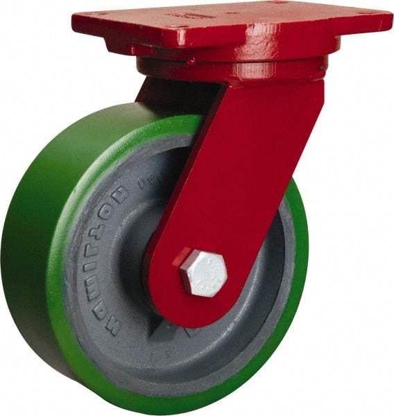 Hamilton - 8" Diam x 2-1/2" Wide x 10-1/2" OAH Top Plate Mount Swivel Caster - Polyurethane Mold onto Cast Iron Center, 2,000 Lb Capacity, Tapered Roller Bearing, 6-1/8 x 7-1/2" Plate - Makers Industrial Supply