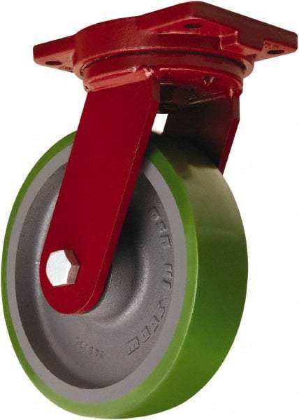 Hamilton - 10" Diam x 2-1/2" Wide x 12-1/2" OAH Top Plate Mount Swivel Caster - Polyurethane Mold onto Cast Iron Center, 2,500 Lb Capacity, Sealed Precision Ball Bearing, 6-1/8 x 7-1/2" Plate - Makers Industrial Supply