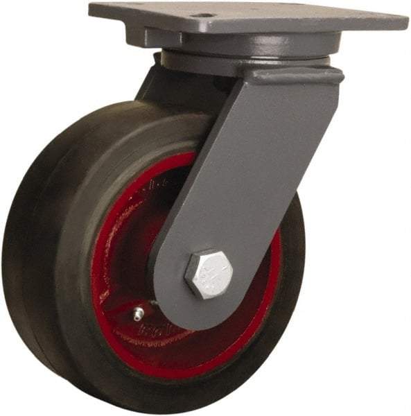 Hamilton - 8" Diam x 3" Wide x 10-1/2" OAH Top Plate Mount Swivel Caster - Rubber Mold on Cast Iron, 840 Lb Capacity, Straight Roller Bearing, 5-1/4 x 7-1/4" Plate - Makers Industrial Supply