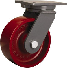 Hamilton - 8" Diam x 3" Wide x 10-1/2" OAH Top Plate Mount Swivel Caster - Cast Iron, 2,600 Lb Capacity, Tapered Roller Bearing, 5-1/4 x 7-1/4" Plate - Makers Industrial Supply