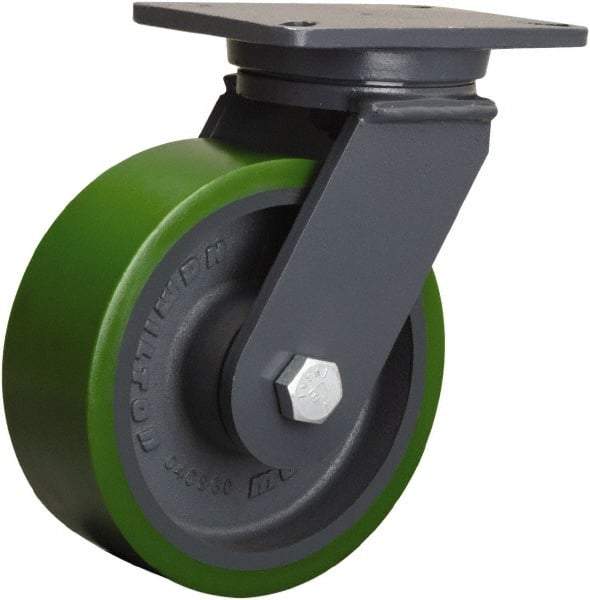 Hamilton - 8" Diam x 3" Wide x 10-1/2" OAH Top Plate Mount Swivel Caster - Polyurethane Mold onto Cast Iron Center, 2,500 Lb Capacity, Tapered Roller Bearing, 5-1/4 x 7-1/4" Plate - Makers Industrial Supply