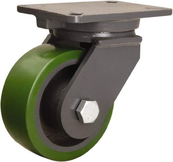 Hamilton - 6" Diam x 2-1/2" Wide x 8" OAH Top Plate Mount Swivel Caster - Polyurethane Mold onto Cast Iron Center, 1,600 Lb Capacity, Precision Ball Bearing, 5-1/4 x 7-1/4" Plate - Makers Industrial Supply