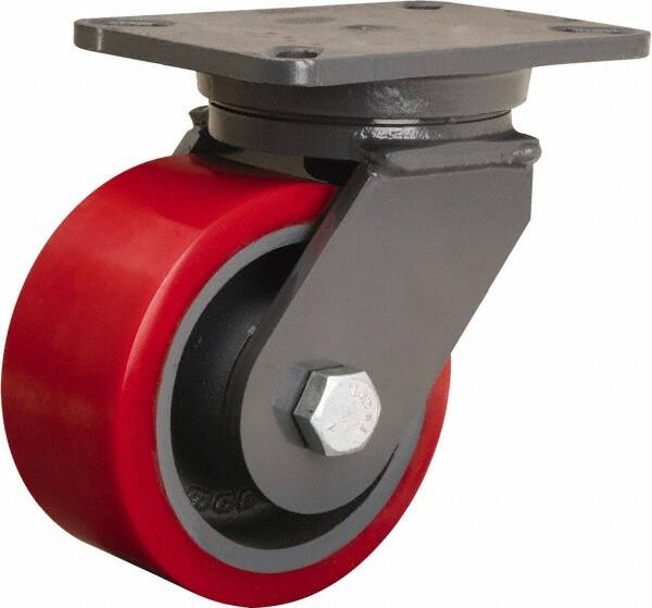 Hamilton - 6" Diam x 3" Wide x 8" OAH Top Plate Mount Swivel Caster - Polyurethane Mold onto Cast Iron Center, 2,600 Lb Capacity, Sealed Precision Ball Bearing, 5-1/4 x 7-1/4" Plate - Makers Industrial Supply