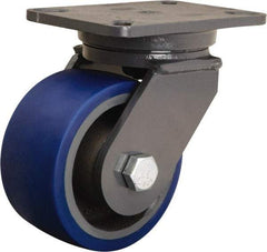 Hamilton - 6" Diam x 3" Wide x 8" OAH Top Plate Mount Swivel Caster - Polyurethane Mold onto Cast Iron Center, 1,800 Lb Capacity, Tapered Roller Bearing, 5-1/4 x 7-1/4" Plate - Makers Industrial Supply