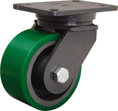 Hamilton - 6" Diam x 3" Wide x 8" OAH Top Plate Mount Swivel Caster - Polyurethane Mold onto Cast Iron Center, 2,200 Lb Capacity, Tapered Roller Bearing, 5-1/4 x 7-1/4" Plate - Makers Industrial Supply