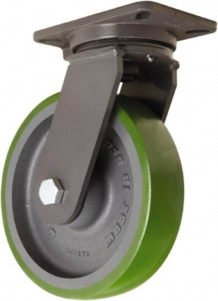 Hamilton - 10" Diam x 2-1/2" Wide x 12-1/2" OAH Top Plate Mount Swivel Caster - Polyurethane Mold onto Cast Iron Center, 2,500 Lb Capacity, Tapered Roller Bearing, 5-1/4 x 7-1/4" Plate - Makers Industrial Supply