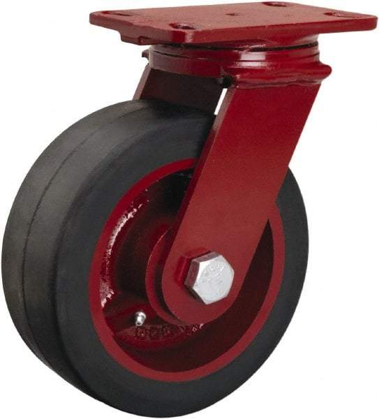 Hamilton - 8" Diam x 3" Wide x 10-1/8" OAH Top Plate Mount Swivel Caster - Rubber Mold on Cast Iron, 840 Lb Capacity, Tapered Roller Bearing, 4-1/2 x 6-1/2" Plate - Makers Industrial Supply