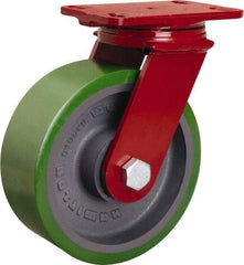 Hamilton - 8" Diam x 3" Wide x 10-1/8" OAH Top Plate Mount Swivel Caster - Polyurethane Mold onto Cast Iron Center, 2,200 Lb Capacity, Tapered Roller Bearing, 4-1/2 x 6-1/2" Plate - Makers Industrial Supply