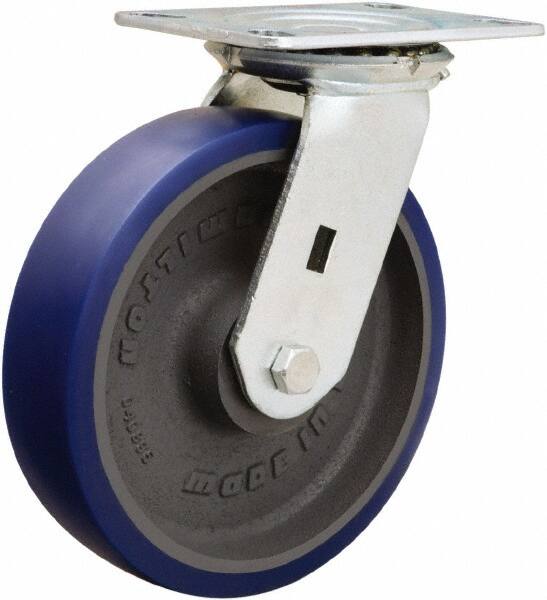 Hamilton - 8" Diam x 2" Wide x 9-1/2" OAH Top Plate Mount Swivel Caster - Polyurethane Mold onto Cast Iron Center, 1,200 Lb Capacity, Sealed Precision Ball Bearing, 4-1/2 x 6-1/4" Plate - Makers Industrial Supply