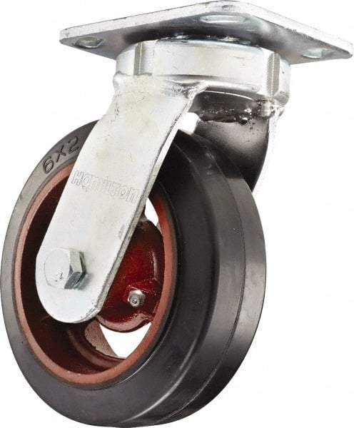 Hamilton - 6" Diam x 2" Wide x 7-1/2" OAH Top Plate Mount Swivel Caster - Rubber Mold on Cast Iron, Straight Roller Bearing, 4 x 4-1/2" Plate - Makers Industrial Supply