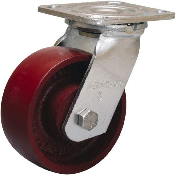 Hamilton - 5" Diam x 2" Wide x 6-1/2" OAH Top Plate Mount Swivel Caster - Cast Iron, 1,250 Lb Capacity, Precision Ball Bearing, 4 x 4-1/2" Plate - Makers Industrial Supply