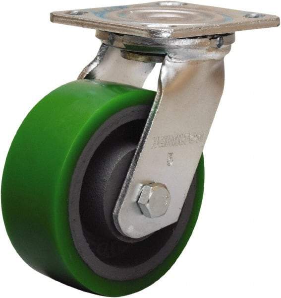 Hamilton - 5" Diam x 2" Wide x 6-1/2" OAH Top Plate Mount Swivel Caster - Polyurethane Mold onto Cast Iron Center, 900 Lb Capacity, Sealed Precision Ball Bearing, 4 x 4-1/2" Plate - Makers Industrial Supply