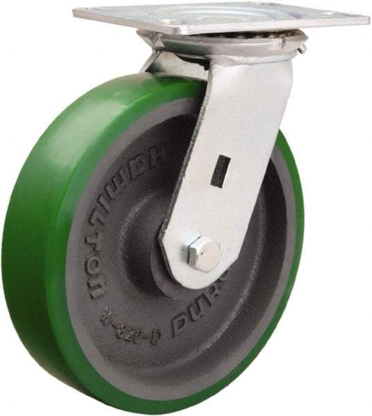 Hamilton - 8" Diam x 2" Wide x 9-1/2" OAH Top Plate Mount Swivel Caster - Polyurethane Mold onto Cast Iron Center, 1,500 Lb Capacity, Sealed Precision Ball Bearing, 4-1/2 x 6-1/4" Plate - Makers Industrial Supply