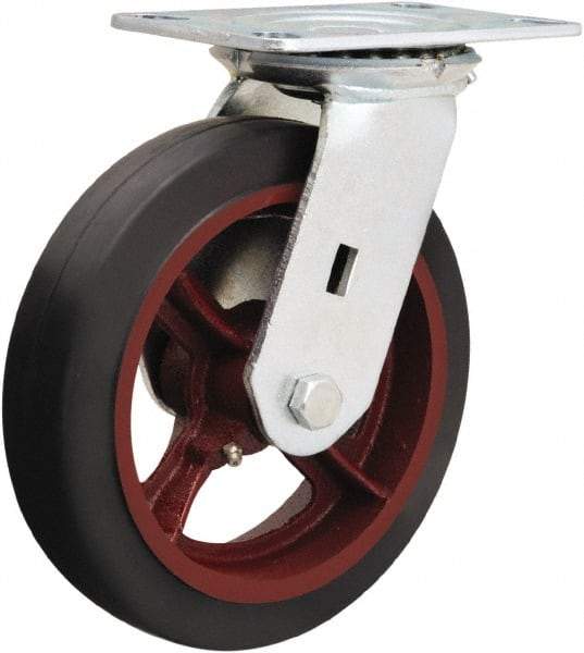 Hamilton - 8" Diam x 2" Wide x 9-1/2" OAH Top Plate Mount Swivel Caster - Rubber Mold on Cast Iron, 500 Lb Capacity, Straight Roller Bearing, 4-1/2 x 6-1/4" Plate - Makers Industrial Supply