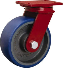 Hamilton - 8" Diam x 3" Wide x 10-1/8" OAH Top Plate Mount Swivel Caster - Polyurethane Mold onto Cast Iron Center, 2,000 Lb Capacity, Sealed Precision Ball Bearing, 4-1/2 x 6-1/2" Plate - Makers Industrial Supply