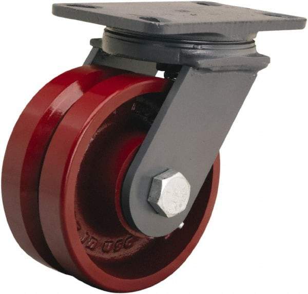 Hamilton - 6" Diam x 2-3/4" Wide, Iron Swivel Caster - 2,500 Lb Capacity, Top Plate Mount, 5-1/4" x 7-1/4" Plate, Straight Roller Bearing - Makers Industrial Supply