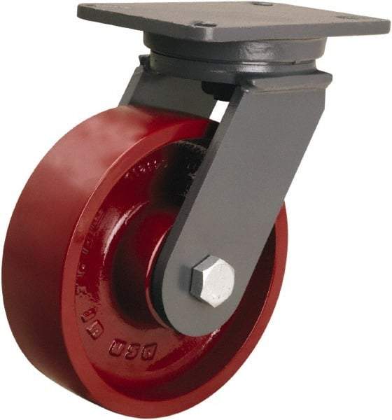 Hamilton - 8" Diam x 2-1/2" Wide x 10-1/2" OAH Top Plate Mount Swivel Caster - Cast Iron, 2,500 Lb Capacity, Tapered Roller Bearing, 5-1/4 x 7-1/4" Plate - Makers Industrial Supply