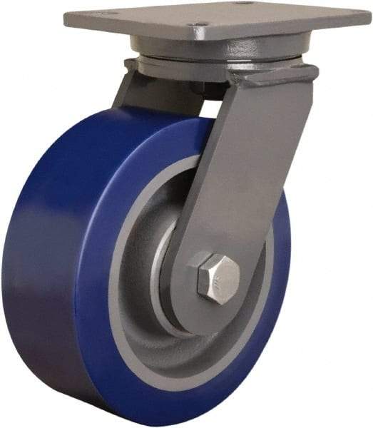 Hamilton - 8" Diam x 3" Wide x 10-1/2" OAH Top Plate Mount Swivel Caster - Polyurethane Mold onto Cast Iron Center, 3,500 Lb Capacity, Straight Roller Bearing, 5-1/4 x 7-1/4" Plate - Makers Industrial Supply