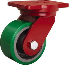 Hamilton - 6" Diam x 3" Wide x 8-1/2" OAH Top Plate Mount Swivel Caster - Polyurethane Mold onto Cast Iron Center, 2,200 Lb Capacity, Tapered Roller Bearing, 6-1/8 x 7-1/2" Plate - Makers Industrial Supply