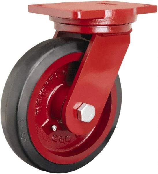 Hamilton - 8" Diam x 2-1/2" Wide x 10-1/2" OAH Top Plate Mount Swivel Caster - Rubber Mold on Cast Iron, 670 Lb Capacity, Precision Tapered Roller Bearing, 6-1/8 x 7-1/2" Plate - Makers Industrial Supply