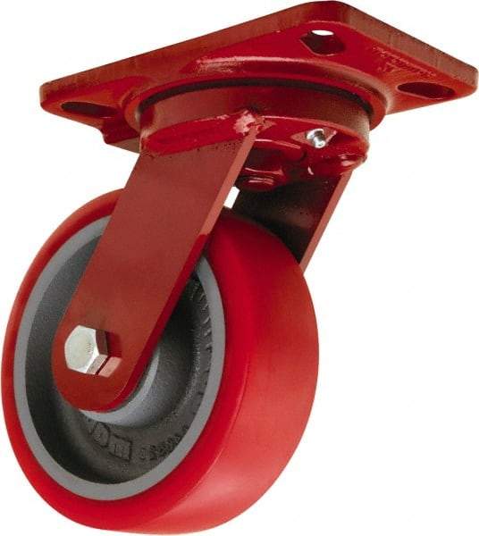 Hamilton - 6" Diam x 2" Wide x 7-3/4" OAH Top Plate Mount Swivel Caster - Polyurethane Mold onto Cast Iron Center, 1,400 Lb Capacity, Sealed Precision Ball Bearing, 4-1/2 x 6-1/2" Plate - Makers Industrial Supply