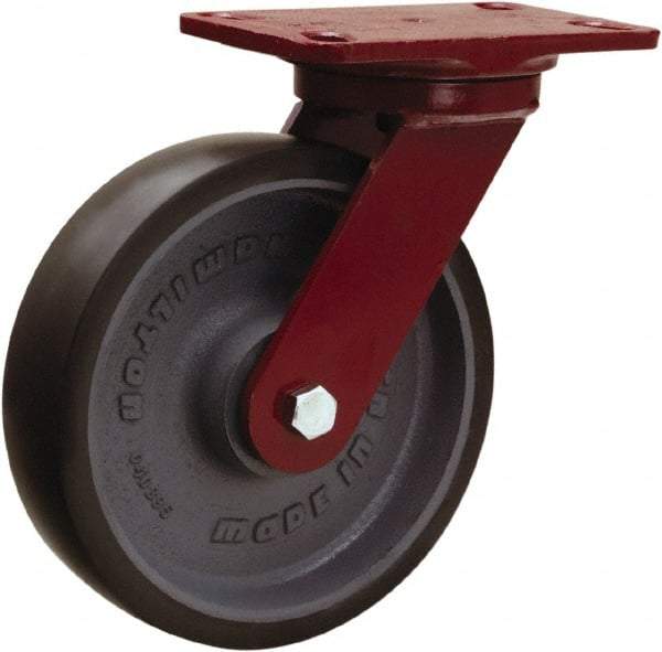 Hamilton - 8" Diam x 2" Wide x 9-3/4" OAH Top Plate Mount Swivel Caster - Polyurethane Mold onto Cast Iron Center, 1,950 Lb Capacity, Tapered Roller Bearing, 4-1/2 x 6-1/2" Plate - Makers Industrial Supply