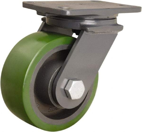 Hamilton - 6" Diam x 2-1/2" Wide x 7-3/4" OAH Top Plate Mount Swivel Caster - Polyurethane Mold onto Cast Iron Center, 1,600 Lb Capacity, Sealed Precision Ball Bearing, 4-1/2 x 6-1/2" Plate - Makers Industrial Supply