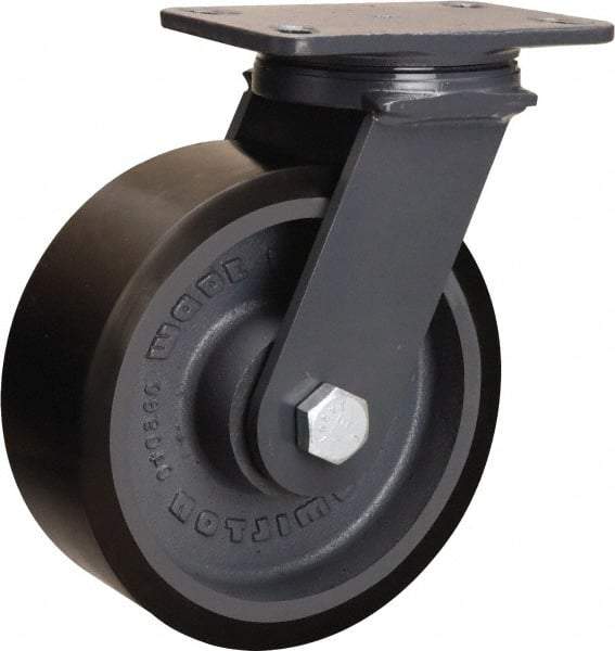 Hamilton - 8" Diam x 3" Wide x 10-1/4" OAH Top Plate Mount Swivel Caster - Polyurethane Mold onto Cast Iron Center, 2,400 Lb Capacity, Tapered Roller Bearing, 4-1/2 x 6-1/2" Plate - Makers Industrial Supply