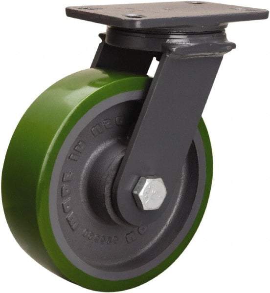 Hamilton - 8" Diam x 2-1/2" Wide x 10-1/4" OAH Top Plate Mount Swivel Caster - Polyurethane Mold onto Cast Iron Center, 2,000 Lb Capacity, Tapered Roller Bearing, 4-1/2 x 6-1/2" Plate - Makers Industrial Supply