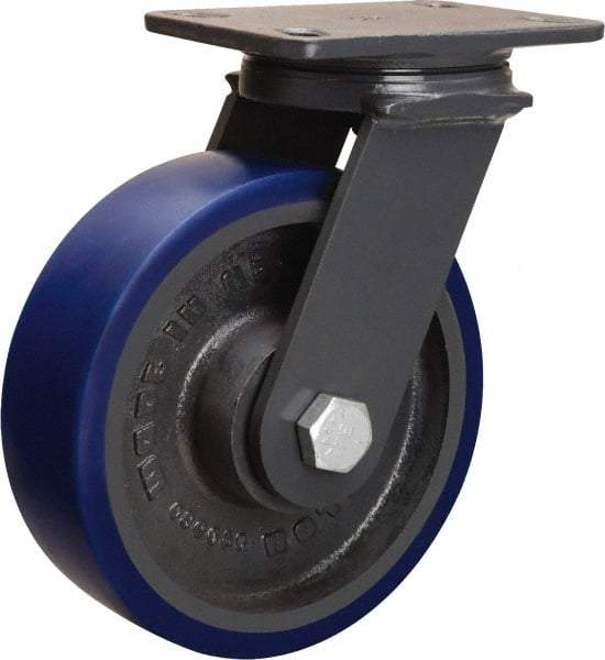 Hamilton - 8" Diam x 3" Wide x 10-1/4" OAH Top Plate Mount Swivel Caster - Polyurethane Mold onto Cast Iron Center, 2,000 Lb Capacity, Sealed Precision Ball Bearing, 4-1/2 x 6-1/2" Plate - Makers Industrial Supply